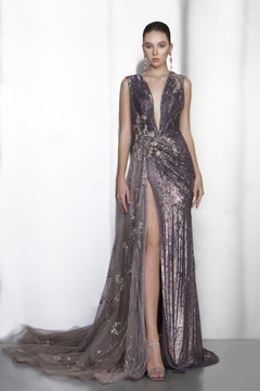 Deep V-Neck Sequin Gown