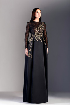 Embroidered Satin and Lace Gown