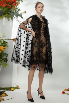 Lace and Dotted Tulle Dress with Cape