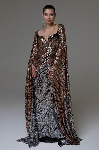 Ziad Nakad Long Sleeve Feathered Slit Gown - District 5 Boutique