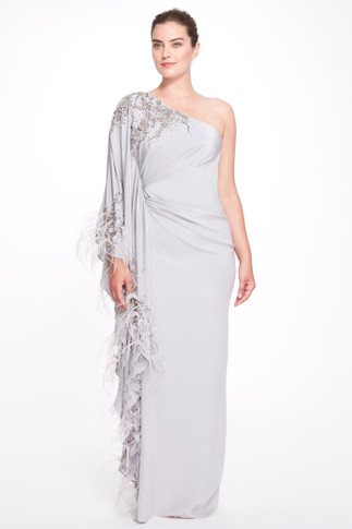 Feather Trimmed One Shoulder Silk Gown