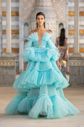 Strapless Ruffle Tulle Gown