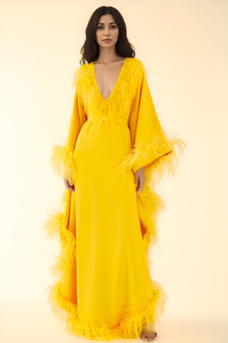 V-Neck Feather-Trimmed Gown