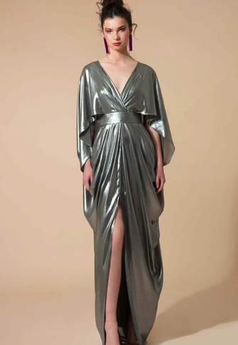 Cape Sleeve Draped Slit Gown