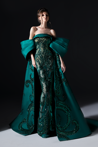 Strapless Beaded Emerald Gown
