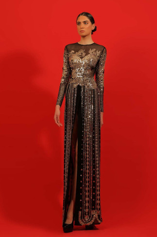 Long Sleeve Lace Slit Gown
