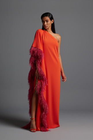 One Shoulder Gown with Feathered Sleeve