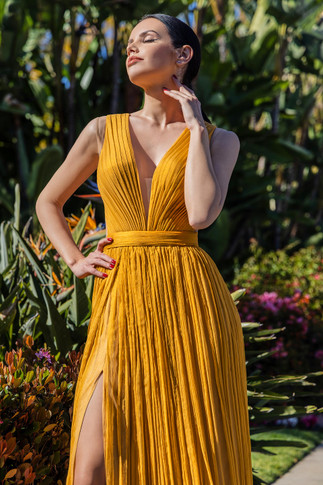 Gold Silk Chiffon Metallic Effect Gown