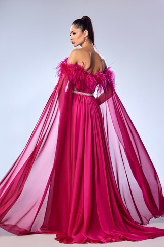 Off Shoulder Feathered Mousseline Gown
