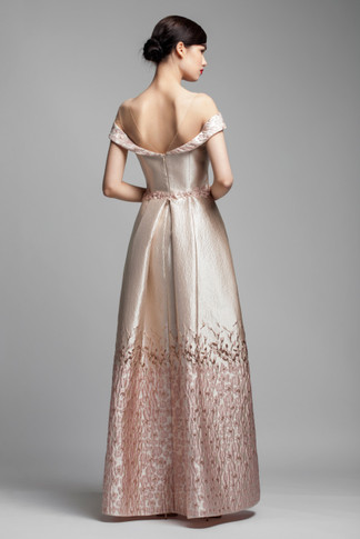 Off-Shoulder Pink Gold Illusion Evening Gown