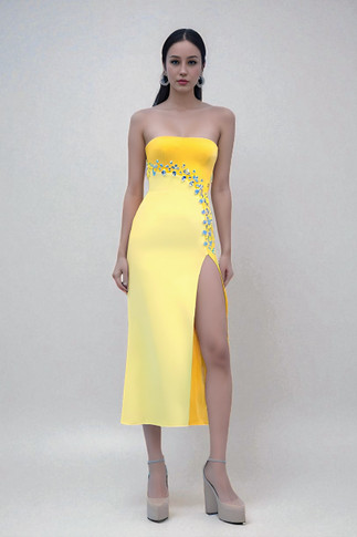 Strapless Slit Midi Dress