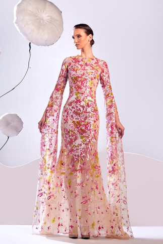 Embroidered  Cape Sleeve Gown