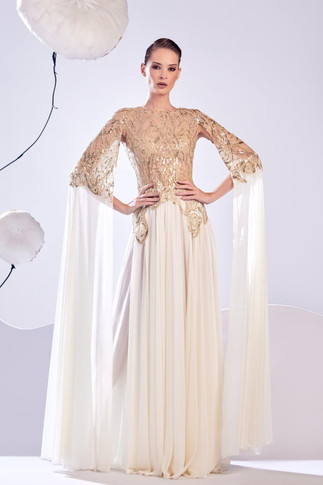 Embroidered Draped Sleeve Gown