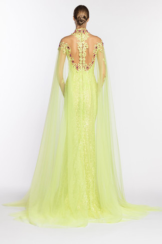 Halter Neck Lace Gown with Tulle Cape