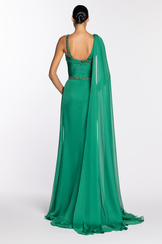 Draped Shoulder Chiffon Gown