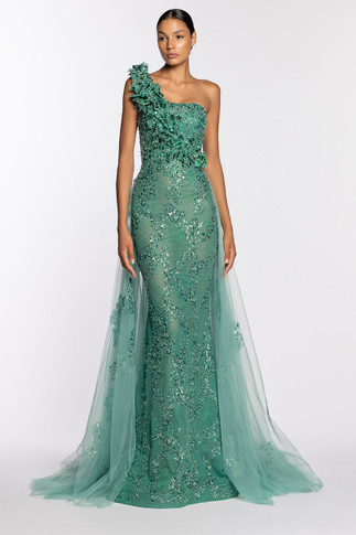 One Shoulder Beaded Gown with Overskirt