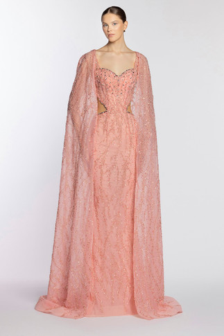 Fully Beaded Gown with Embroidered Cape