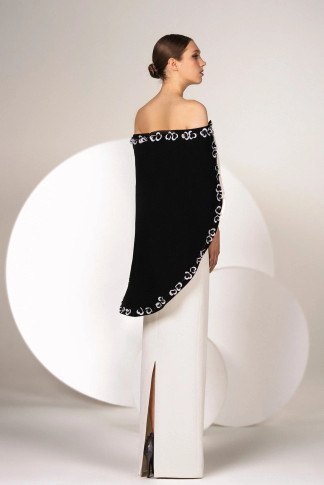 Off Shoulder Crepe Gown with Cape
