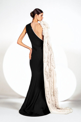 Crepe Gown with Organza Flowers