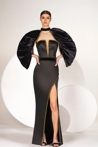 Gold Beaded Side Slit Gown with Bolero
