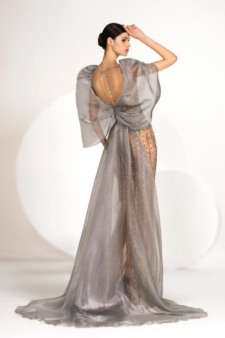 Wide V-Neck Gown with Beaded Crystals