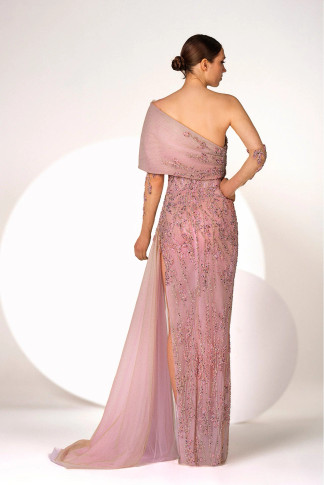 One Shoulder Embroidered Gown with Gloves
