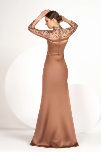 Beaded Neck High Slit Column Gown