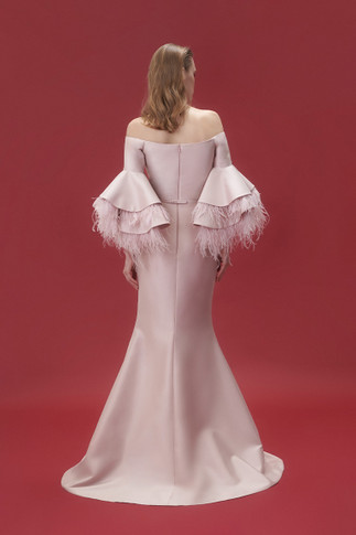 Off Shoulder Gown with Fringe Feathers