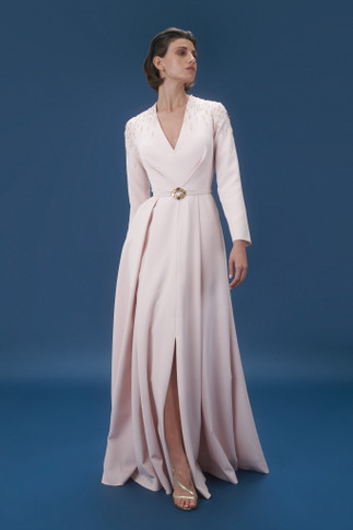 Long Sleeves V-Neck Crepe Gown