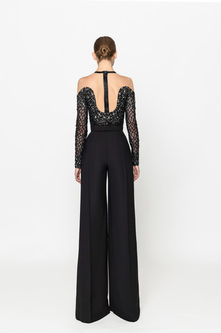 Crepe Jumpsuit with Embroidered Top