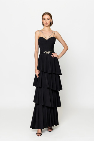 Sleeveless Tiered Crepe Gown