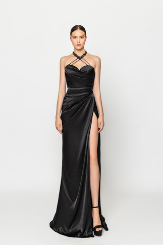 Silk Halter Neck Slit Gown