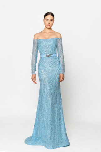 Fully Beaded Off Shoulder Long Sleeve Gown