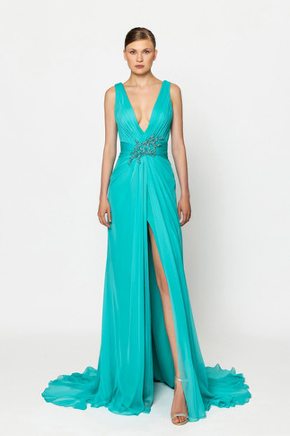 Pleated V-Neck Chiffon Gown