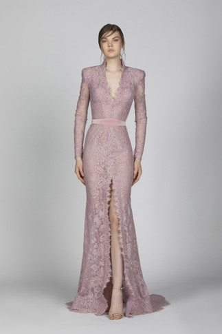 Long Sleeve Lace Gown with Mid Slit