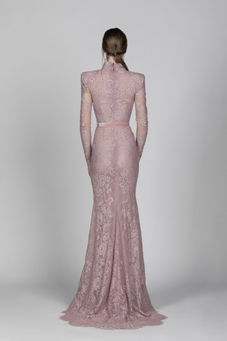 Long Sleeve Lace Gown with Mid Slit