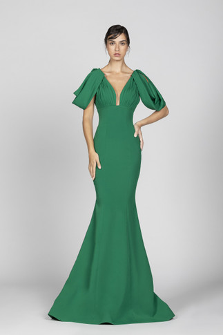 Crepe Mermaid Gown with Draped Sleeves