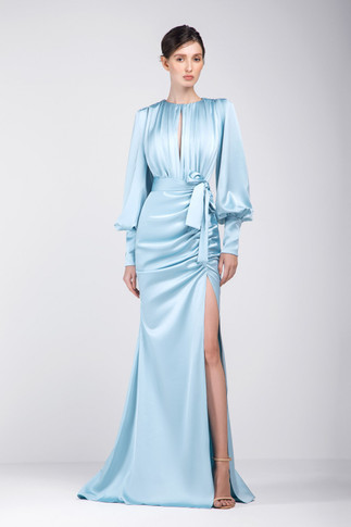 Crepe Satin Long Sleeve Gown