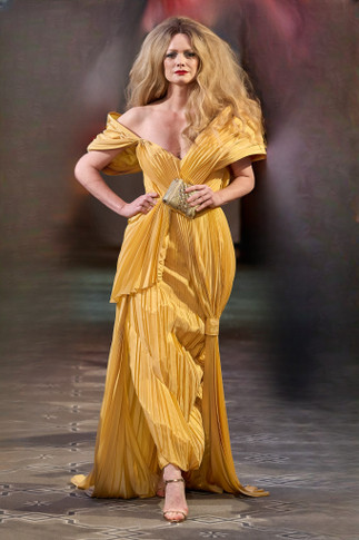 Pleated Draped Shoulder Evening Gown