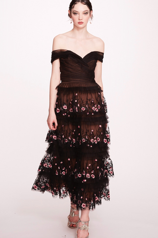 Off-Shoulder Tulle Midi Dress