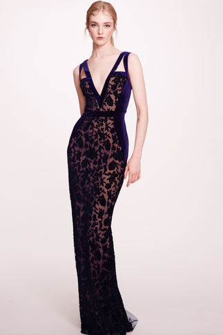 Marchesa Notte SALEVネック花柄立体デザインフレアードレスグレ Marchesa Notte - Luxury Dresses & Gowns at District 5 Boutique