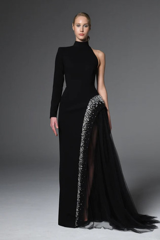 Asymmetric Crêpe Gown with Crystal Embroidery