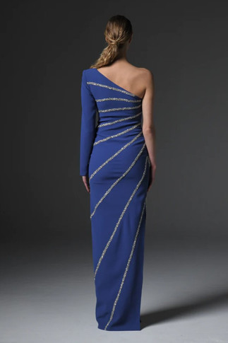 Crêpe Asymmetric Gown with Crystals
