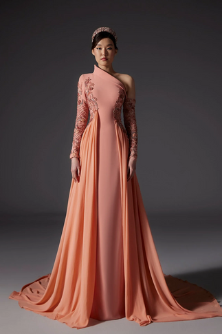 Embroidered Crepe Gown with Chiffon Draping
