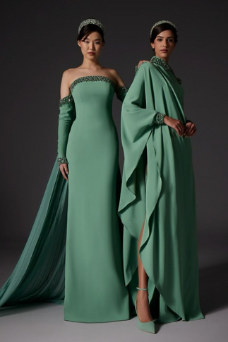 Off Sleeves Crepe Gown with Chiffon Pleats