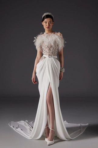 Sleeveless Embroidered Gown with Feathers