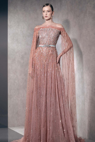 Embellished Gown with Sweeping Cape Sleeves