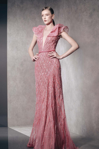 Embellished Ruffled Sleeve Gown with Plunging Neck