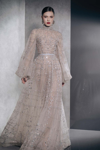 Fully Embellished Puffy Long Sleeve Gown