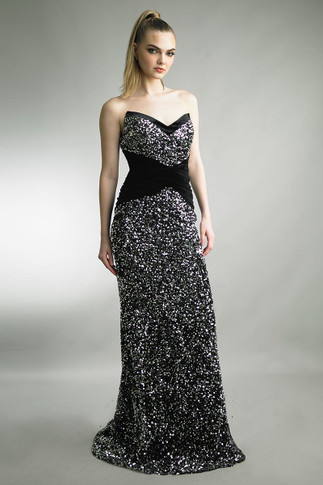 Fully Embellished Strapless Gown with Train